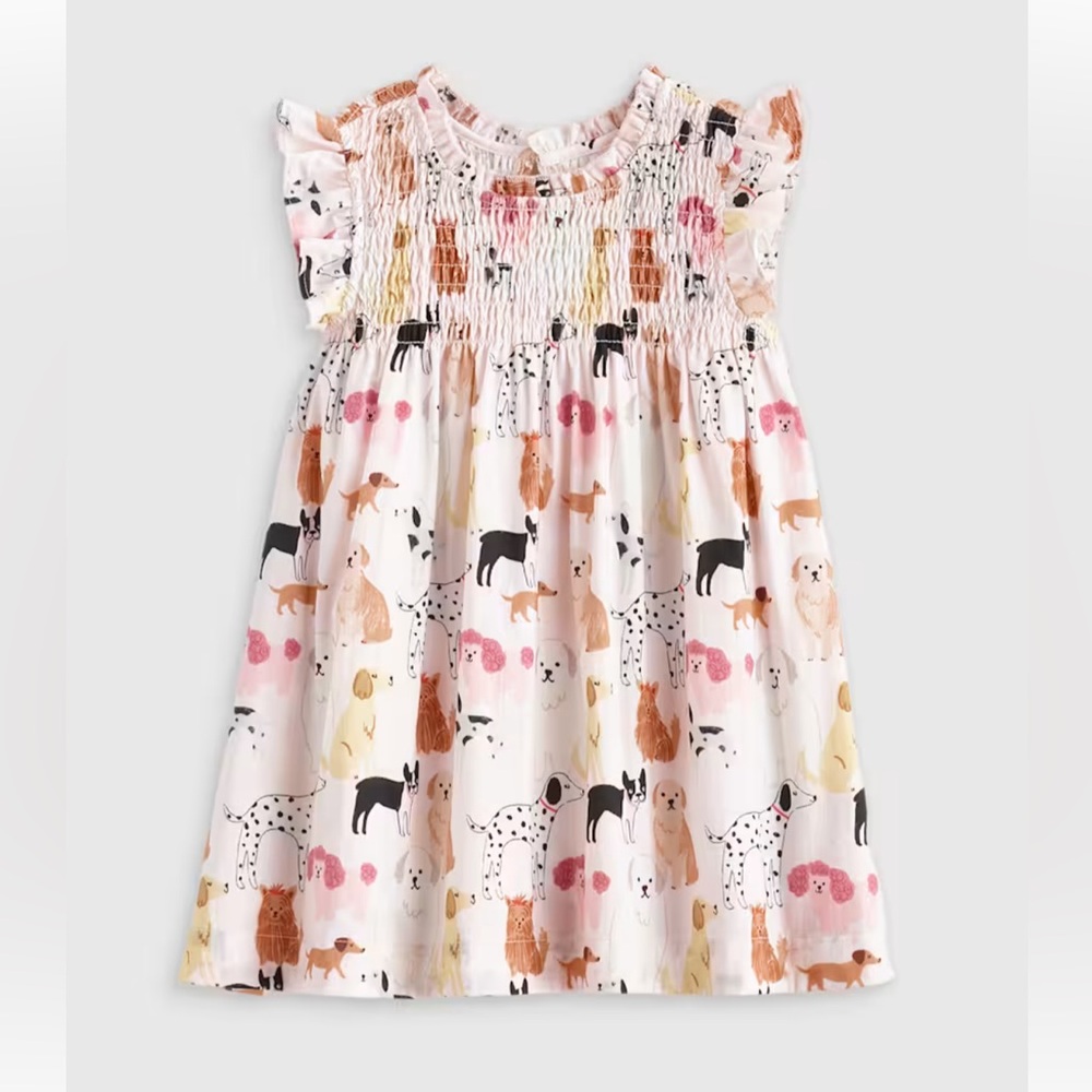 Quince 100% Organic Cotton Poplin Smocked Flutter Sleeve Dress - Pink Puppy Pals